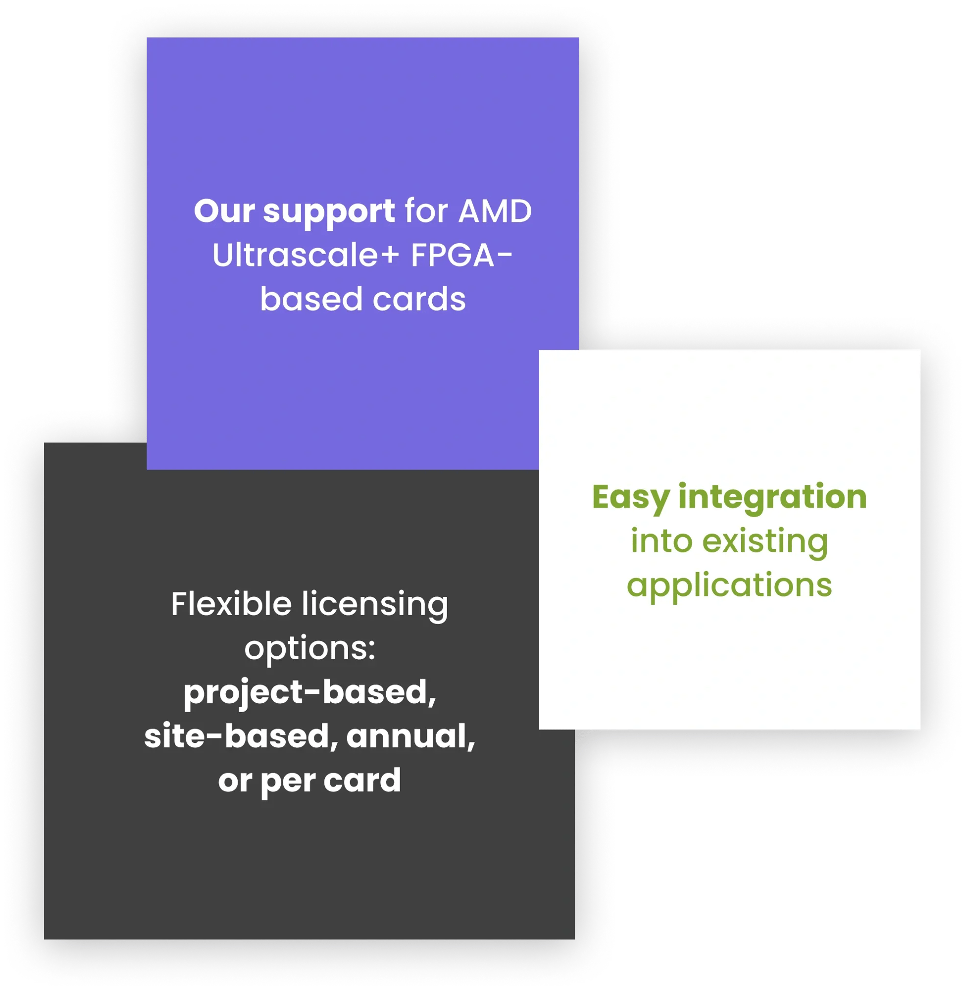 Overlapping graphics detailing AMD Ultrascale+ FPGA card support, flexible licensing options, and easy application integration. Overlapping graphics detailing AMD Ultrascale+ FPGA card support, flexible licensing options, and easy application integration.